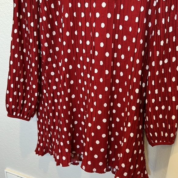 Lulus Pleat to Meet You Wine Red Polka Dot Long Sleeve Shift Dress - Picture 7 of 8